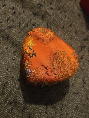 Vintage Red-Orange Satin Floral Chinese Brocade Heart Trinket/ Jewelry Box